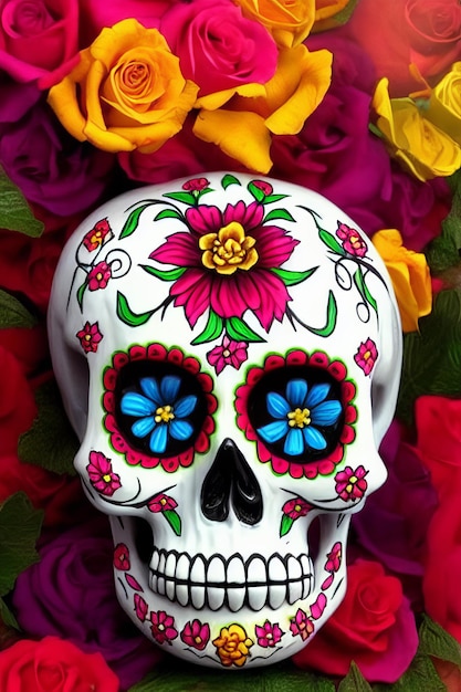 Dia de los muertos traditional calavera sugar skull decorated with flowers the day of the dead illustration