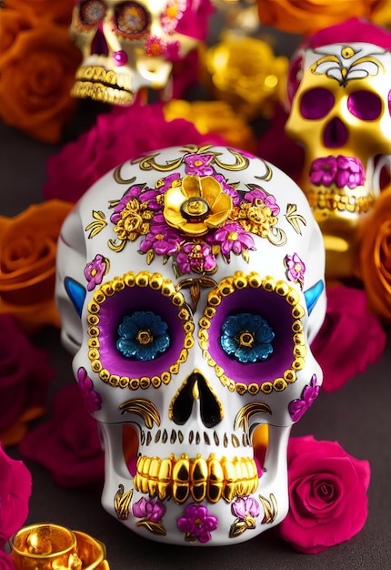 Dia de los muertos traditional calavera sugar skull decorated with flowers the day of the dead illustration