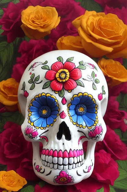 Dia de los muertos traditional calavera sugar skull decorated with flowers the day of the dead illustration