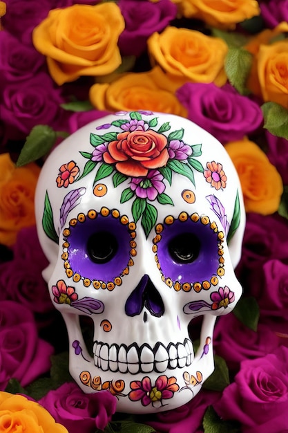 Dia de los muertos traditional calavera sugar skull decorated with flowers the day of the dead illustration