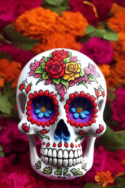 Dia de los muertos traditional calavera sugar skull decorated with flowers the day of the dead illustration