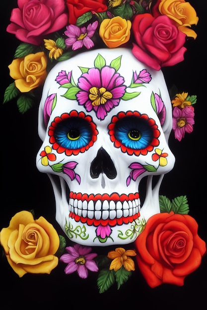 Dia de los muertos traditional calavera sugar skull decorated with flowers the day of the dead illustration