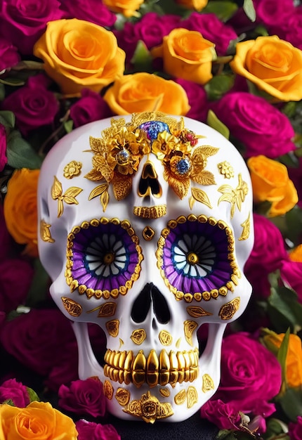 Dia de los muertos traditional calavera sugar skull decorated with flowers the day of the dead illustration