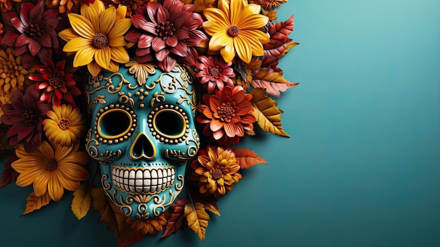 Dia de muertos banner template background with female skeleton head in flowers