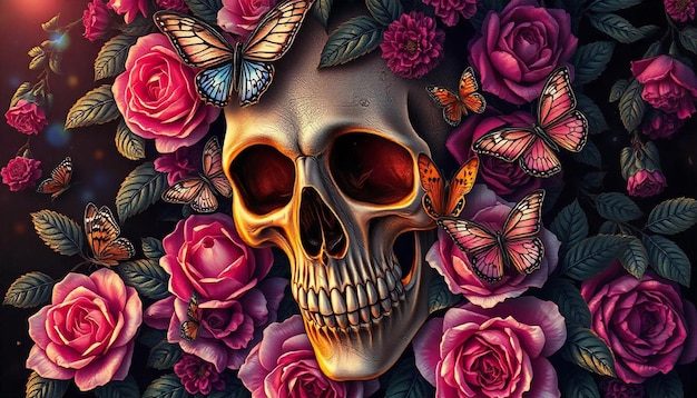 Dia de Muertos Mexican skull with beautiful flowers painted with flowers and butterflies Day of the Dead festival skull