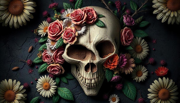 Dia de Muertos Mexican skull with beautiful flowers painted with flowers and butterflies Day of the Dead festival skull