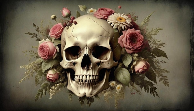 Dia de Muertos Mexican skull with beautiful flowers painted with flowers and butterflies Day of the Dead festival skull