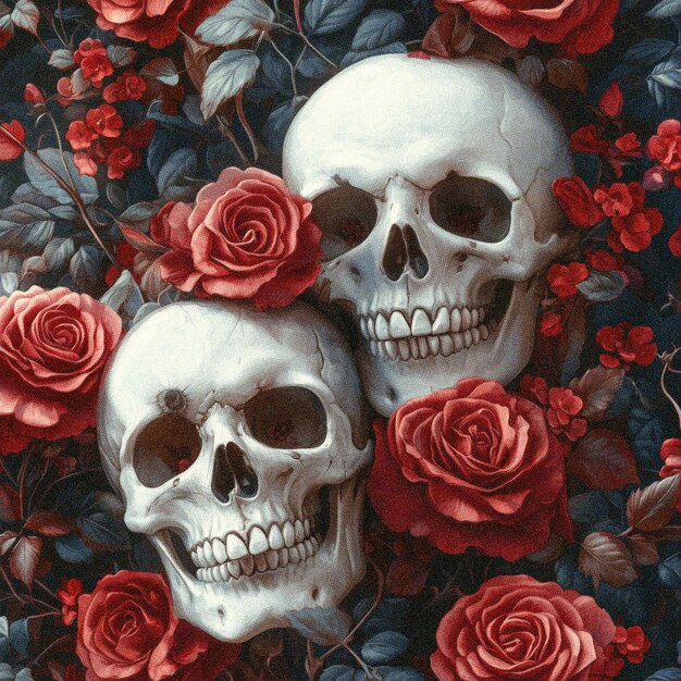 Dia de Muertos Skull and Roses Illustration Gothic Floral Art on Dark Background