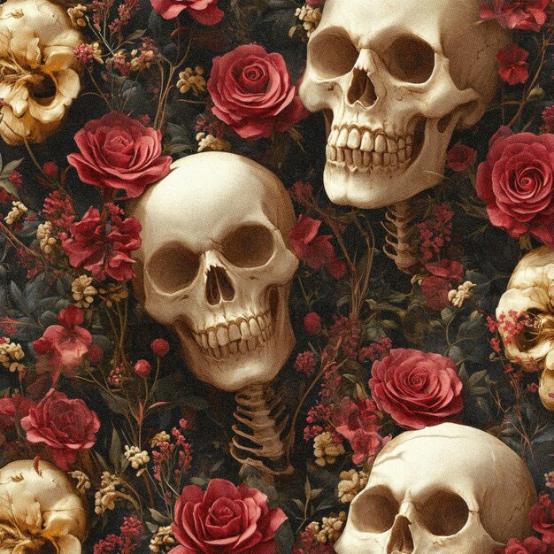 Dia de Muertos Skull and Roses Illustration Gothic Floral Art on Dark Background