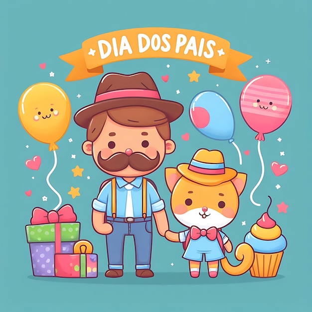 Photo dia dos pais a cartoon of a man and a cat with balloons and a cat with a cat and a cat on the front