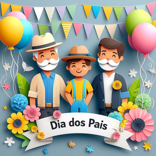 dia dos pais a poster with a cartoon of a man and a man with a mustache and flowers