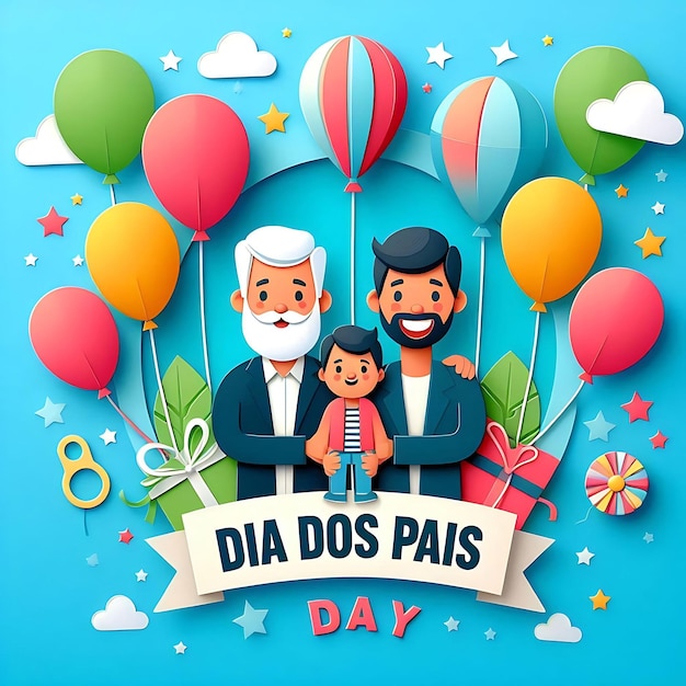 dia dos pais a poster with a picture of a family and balloons with a banner