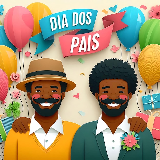 dia dos pais two men are posing for a photo with balloons and a sign that says do not do