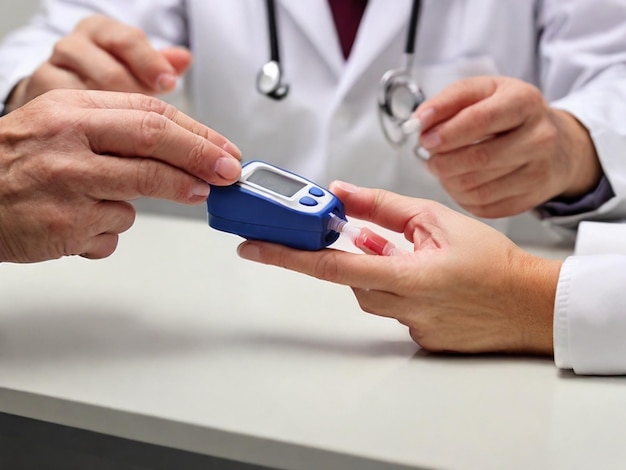 Diabetologist Doctor Taking FingerPrick Blood Sample for Glucose Testing at Diabetes Clinic