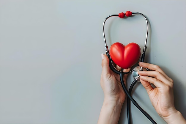 Photo diagnosis cardiologist concept hand holding stethoscope and touching red heart on white background