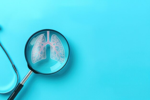 Photo for diagnosis and treatment of brain magnifying glass focuses on lungs organ icon on blue background