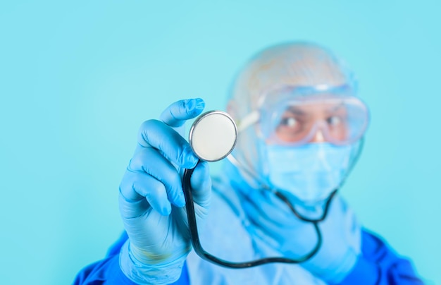 Diagnostic instrument hospital equipment doctor with stethoscope in hand selective focus doctor in