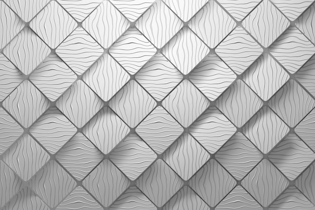 Diagonal cubes with polygon geometric square shapes and wavy grooves in white color with rounded edges. background