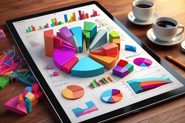 Photo diagram analysis with many colorful charts on a tablet computer 3d rendering