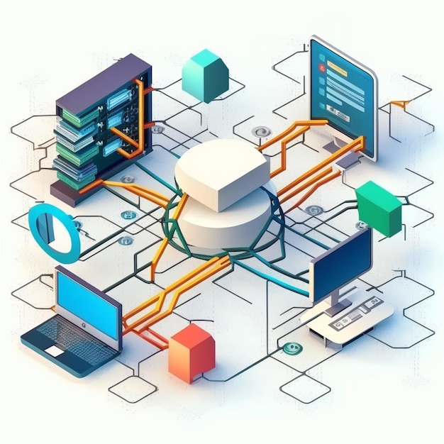 A diagram of a computer with a network of computers and a network of data.