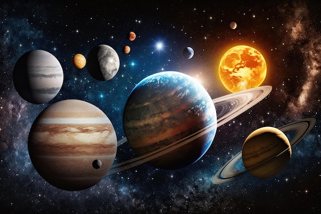 Diagram of a fantastic universe with planets and stars in space