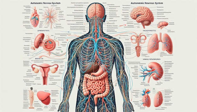 a diagram of a human body with the word brain on it