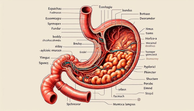 a diagram of a human body with the word stomach