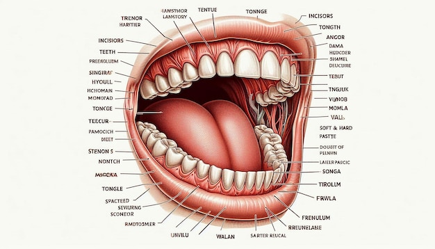 Photo a diagram of a human mouth with the lower jaw labeled