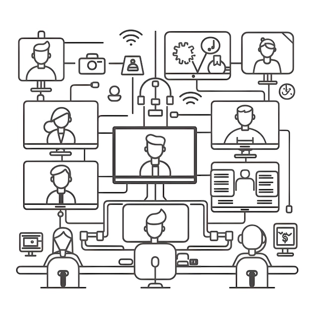 diagram of people doing remote work and video conferencing outline vector illustrations with people