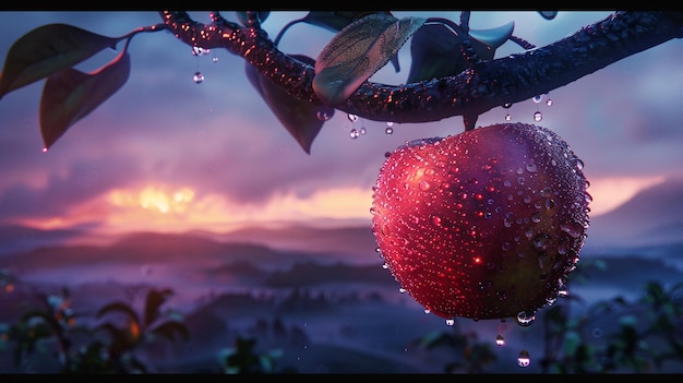 Photo diamond apple hanging on branch ethereal glow dawn light valleys in background dew drops bioluminescence volumetric light hyper detail photorealism highly detailed universe of stars inside