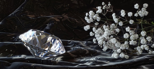 Diamond and babys breath flowers on black surface create a stunning contrast