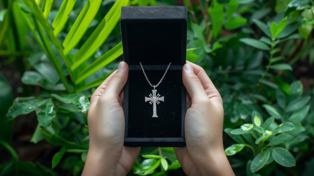 A Diamond Cross Necklace in a Velvet Box