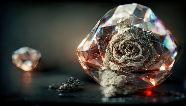 A diamond and crystals are on display in a dark room.