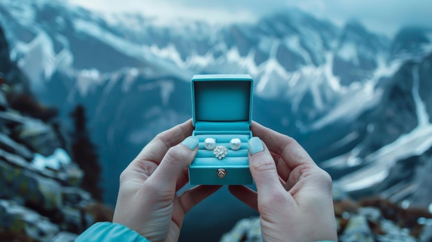 Diamond Earrings in Blue Box Against Mountain Background