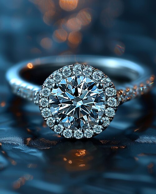 Diamond Halo Ring In Platinum On A Dark Background