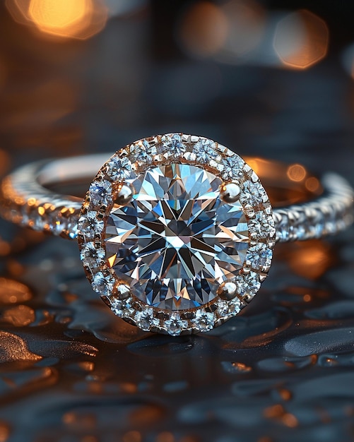 Diamond Halo Ring In Platinum On A Dark Background