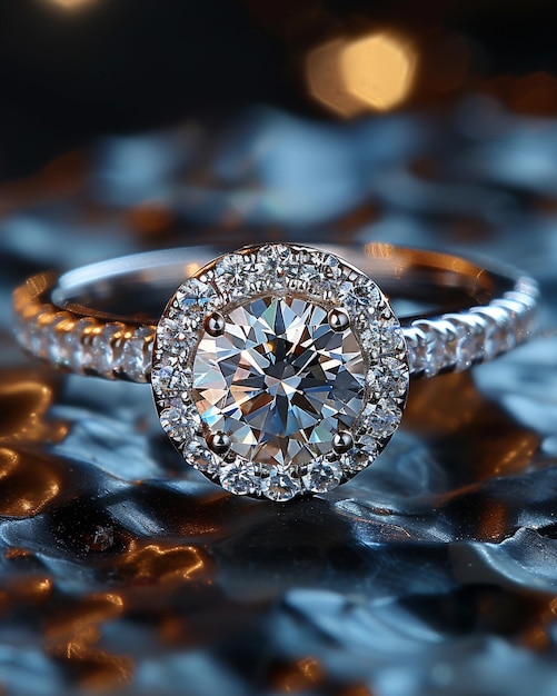 Diamond Halo Ring In Platinum On A Dark Background