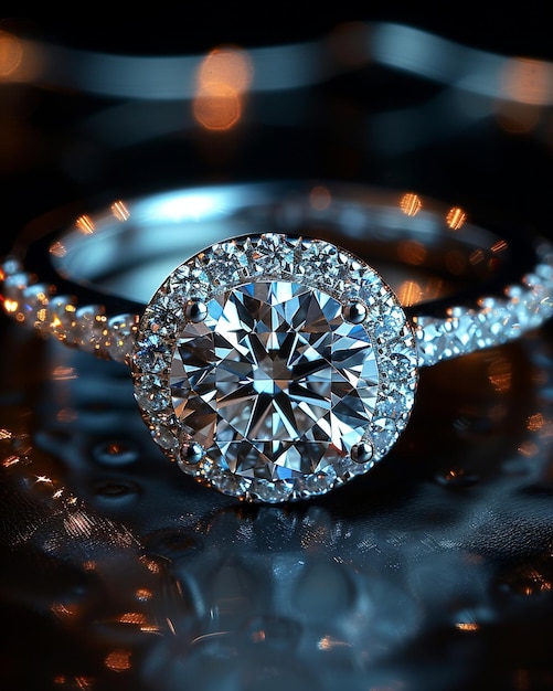 Diamond Halo Ring In Platinum On A Dark Background