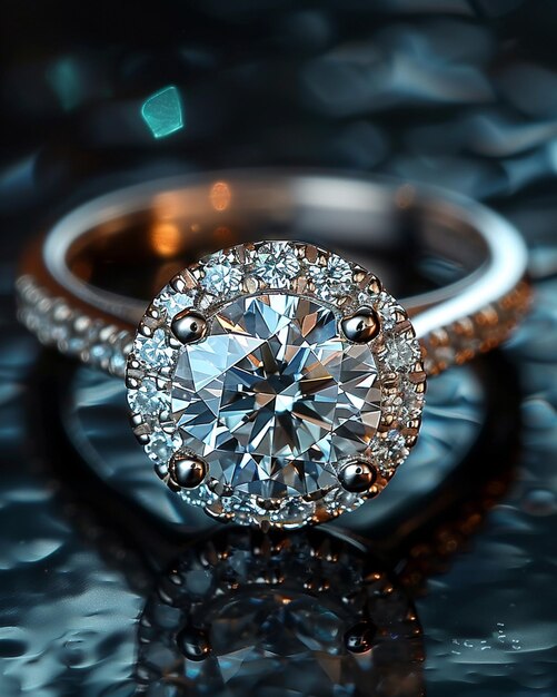 Diamond Halo Ring In Platinum On A Dark Background