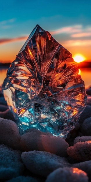 A diamond is on the beach at sunset.