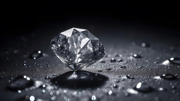 A diamond is on a black surface with water droplets on it.