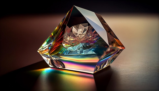 A diamond is displayed on a table with a rainbow behind it.