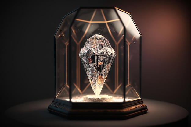 Diamond jewel shiny stone in glass podium illustration Generative AI