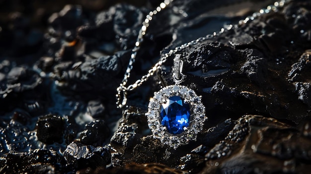 a diamond necklace is on display with a blue sapphire