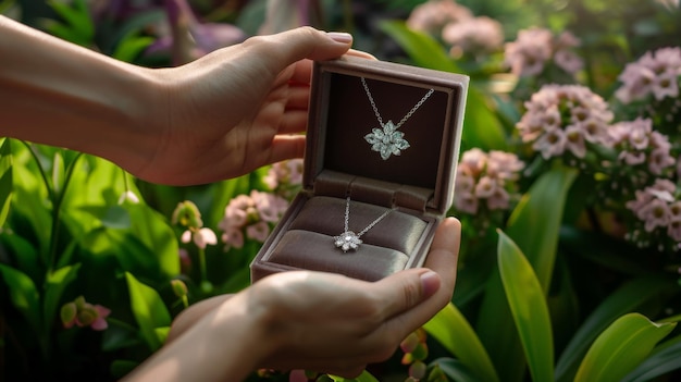 Diamond Necklace in a Velvet Box with Green and Pink Floral Background