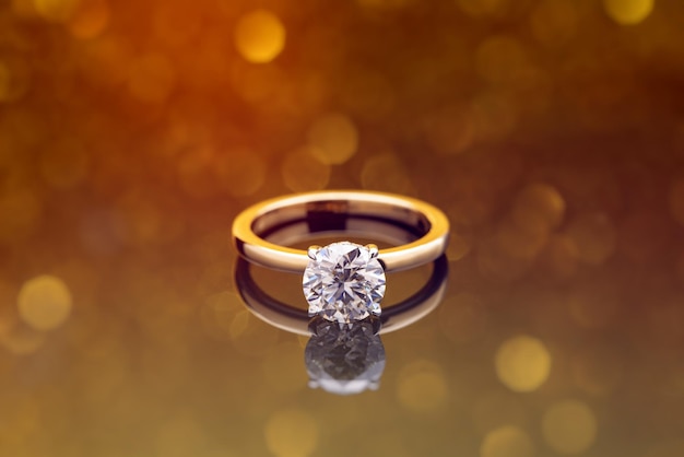 Diamond Ring on Golden Light Bokeh Background