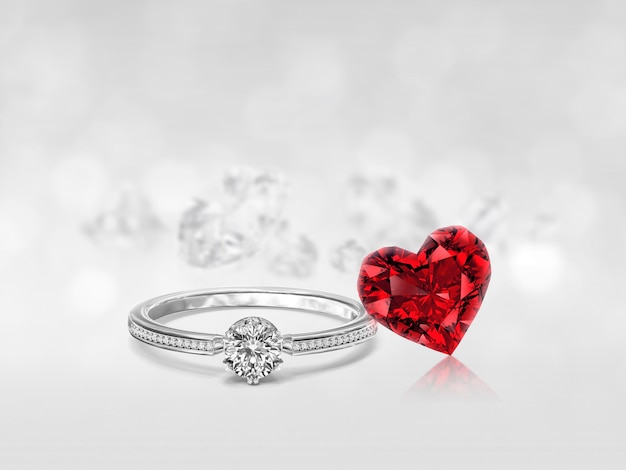 Diamond ring and Red Heart shaped diamond on the white diamonds background reflecting Valentine's Day concept