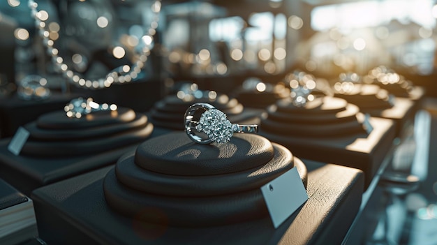 a diamond ring sits on top of a black table