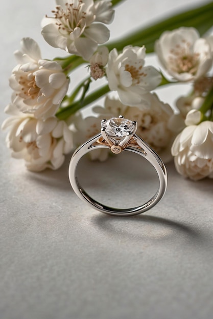 a diamond ring sits on a white surface with a diamond ring