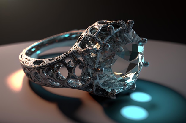 A diamond ring with a blue light on it